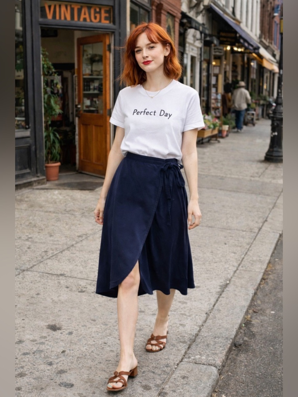 Vintage Navy Wrap Skirt Knee Length A Line Tie Waist Minimalist Chic Women’s S